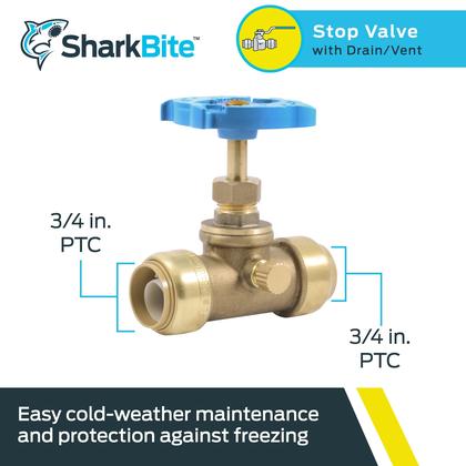 Imagem de Válvula de bloqueio SharkBite 3/4 polegadas com dreno e ventilação, latão