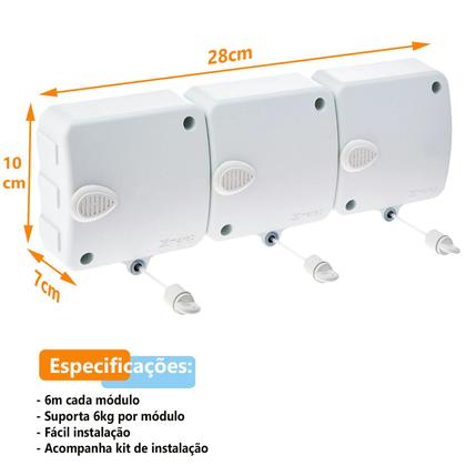 Imagem de Varal 3 Modulo 18m Resistente Automatico Branco Retratil