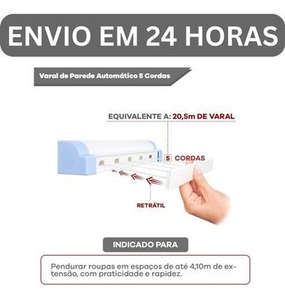 Imagem de Varal Automático 5 Cordas Retrátil Parede 4,1 Metros Home Utilities Branco