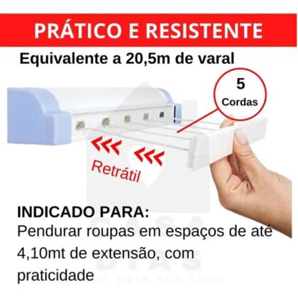 Imagem de Varal Automático Retrátil 5 Cordas de Parede 4,10m Rotoflex