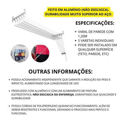Imagem de Varal de 5 Varetas Individuais - 1,20 Metro