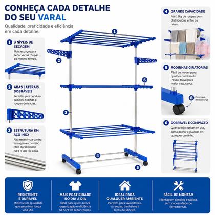 Imagem de Varal De Chão 3 Andares Inox Dobrável Compacto Apartamento