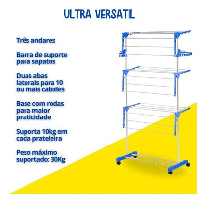 Imagem de Varal de Chão com Rodas Arara de Roupas Cabideiro Sapateira 3 Andares Dobrável Suporta 30Kg Prateleiras Ajustáveis