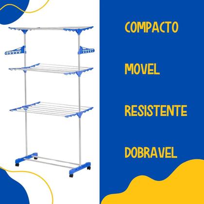Imagem de Varal de Chão com Rodas Arara de Roupas Cabideiro Sapateira 3 Andares Dobrável Suporta 30Kg Prateleiras Ajustáveis