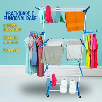Imagem de Varal de Chão com Rodas Arara de Roupas Cabideiro Sapateira 3 Andares Dobrável Suporta 30Kg Prateleiras Ajustáveis
