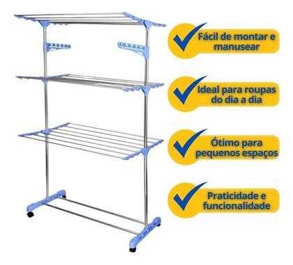 Imagem de Varal de Chão com Rodas Arara de Roupas Cabideiro Sapateira 3 Andares Dobrável Suporta 30Kg Prateleiras Ajustáveis