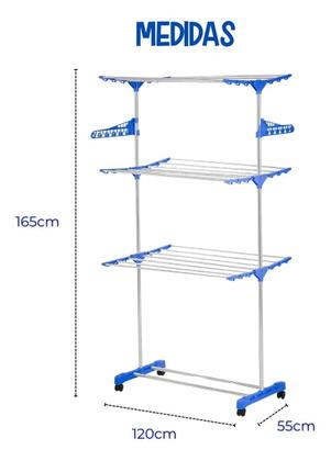 Imagem de Varal de Chão com Rodas Arara de Roupas Cabideiro Sapateira 3 Andares Dobrável Suporta 30Kg Prateleiras Ajustáveis