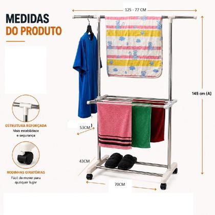 Imagem de Varal de Chão Inox 3 Andares Dobrável  Arara Cabideiro com Rodinhas, Secador Portátil Multiuso para Roupas e Sapatos