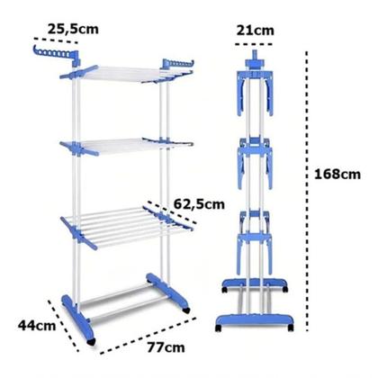 Imagem de Varal De Chão Pra Roupa Inox 3 Três Andares Retrátil Cor Azul
