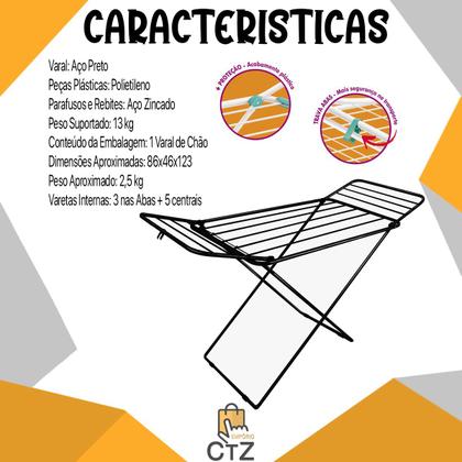 Imagem de Varal de Chão Reforçado Aço Não Enferruja com Abas 13kg Dobrável Retrátil Miami Branco ou Preto