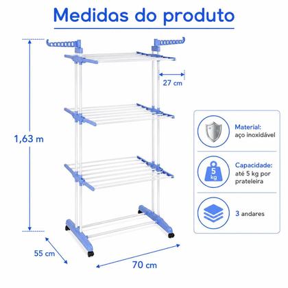 Imagem de Varal de Chão Torre 3 Níveis Inox Retrátil Dobrável, Rodinhas com Travamento, Suporte Cabides e Calçados, Fácil Montagem