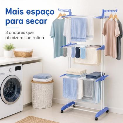 Imagem de Varal de Chão Torre 3 Níveis Inox Retrátil Dobrável, Rodinhas com Travamento, Suporte Cabides e Calçados, Fácil Montagem