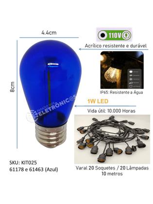 Imagem de Varal de Luz com Lâmpadas Azul Retrô Fácil Instalação e Resistência à Água (IP65) KIT025