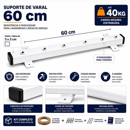 Imagem de Varal De Parede Branco 60cm 6 Cordas Kit Completo Com Suportes Cabo De Aço E Instalação