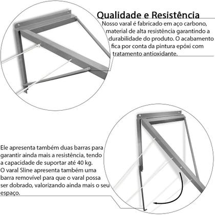 Imagem de Varal De Parede Dobrável Retrátil Articulável Mão Francesa 5 Cordas 20 Metros