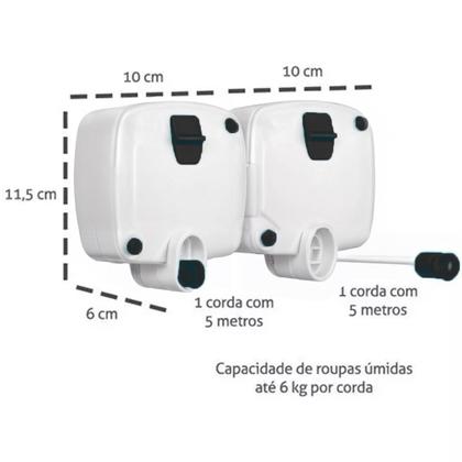 Imagem de Varal de Parede Retrátil Automatico Branco c/ 2 Cordas 5 metros Rotoflex 2 Módulos