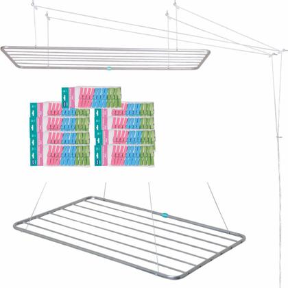 Imagem de Varal de Teto 120 Cm Aluminio + Kit Instalacao + 108 Prendedores Coloridos para Apartamento  Mor 