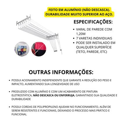 Imagem de Varal de teto ou parede Prático de alumínio medida 1,20 Metros com 7 Varetas Individuais - Varal 5 Varetas + Extensor 2 varetas