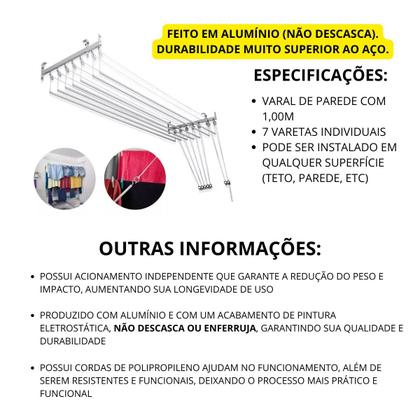 Imagem de Varal de teto ou parede Prático de alumínio medida 1,5 Metro com 7 Varetas Individuais - Varal 5 Varetas + Extensor 2 varetas