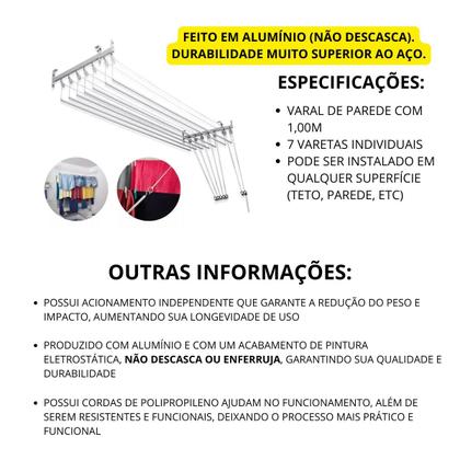 Imagem de Varal de teto ou parede Prático de alumínio medida de 1,0 Metro com 7 Varetas Individuais - Varal 5 Varetas + Extensor 2 varetas
