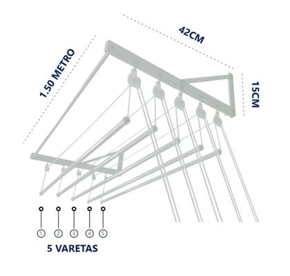 Imagem de Varal individual de parede com 5 varetas em alumínio