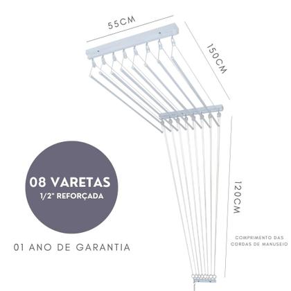 Imagem de Varal Individual De Teto 150cm x 08 Varetas - Em Alumínio Branco