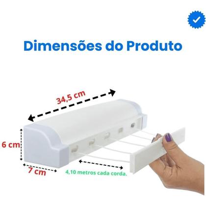Imagem de Varal Inteligente Rotoflex Secalux Recolhível Parede Casa Lavanderia Quintal 5 Cordas 4,10M Resistente Para Secar Roupas