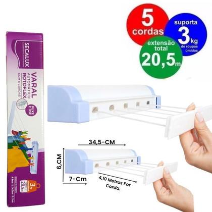 Imagem de Varal Inteligente Rotoflex Secalux Recolhível Parede Casa Lavanderia Quintal 5 Cordas 4,10M Resistente Para Secar Roupas