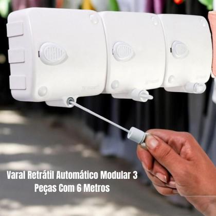 Imagem de Varal Retrátil Automático Modular 3 Peças 6 Metros Compacto Extensivel Recolhivel