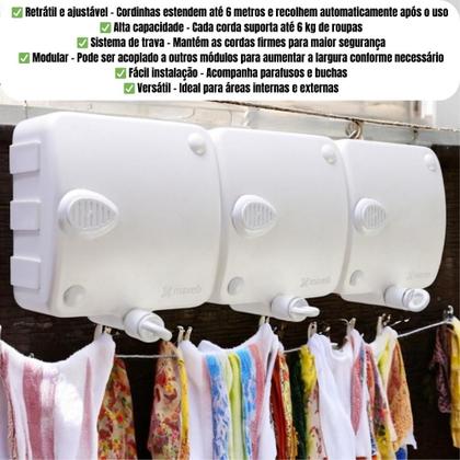 Imagem de Varal Retrátil Automático Modular 3 Peças 6 Metros Compacto Extensivel Recolhivel