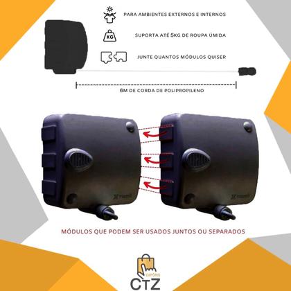 Imagem de Varal Retrátil Automatico Parede Corda 3 Modulos Stendmax 6m Preto