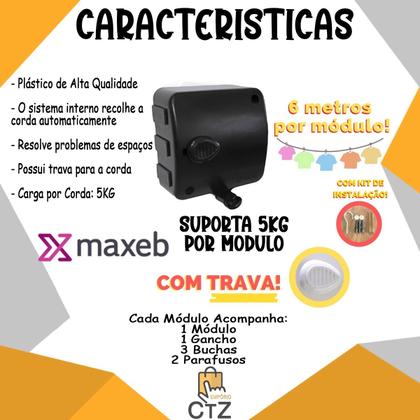Imagem de Varal Retrátil Automatico Parede Corda 3 Modulos Stendmax 6m Preto