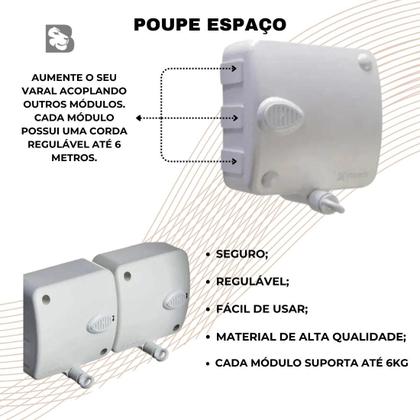 Imagem de Varal Retrátil de Parede Automático Modular Com 6, 12 ou 18 Metros Corda Para Secar Roupa Com Trava