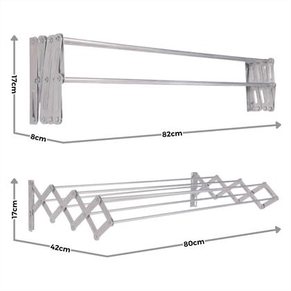 Imagem de Varal Roupa Parede Sanfonado Alumínio Retrátil Grande Dobrável Recolhível Reforçado Apartamento 80cm