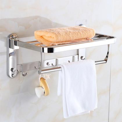 Imagem de Varal Toalheiro Duplo Inox Prateleira Toalha Roupa Utensilios Banheiro Lavanderia Gancho Multiuso Casa Pousada Organizaçao Suporte