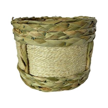 Imagem de Vaso Cachepo Madeira C/ Palha Taboa Cesto Trançado 14x19x19 Redondo Artesanal