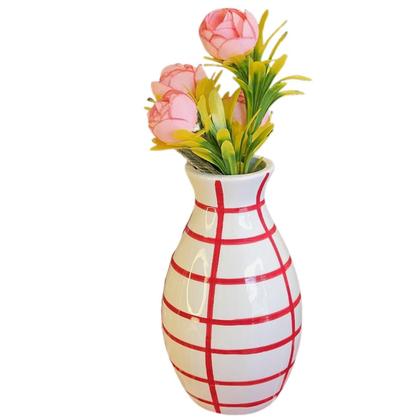 Imagem de Vaso Cerâmica Vermelho Listrado P/ FLores E Arranjos 10x18Cm