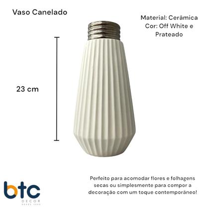 Imagem de Vaso de Cerâmica Branco 23cm Canelado Decorativo Sala Mesa 