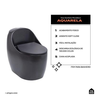 Imagem de Vaso Sanitário Monobloco Caixa Acoplada Privada Aquarela Pingoo.casa - Preto Fosco
