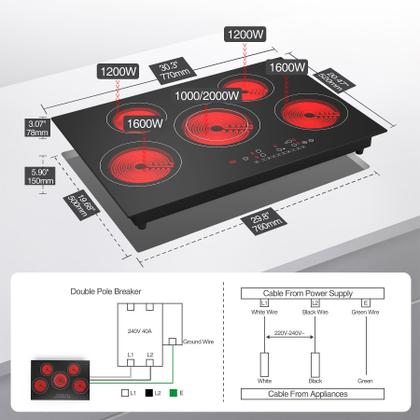 Imagem de VBGK Cooktop Elétrico 30" com 5 Queimadores e 9 Níveis de Potência, 240V