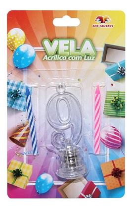Imagem de Vela Nº 9 Festas Acrílica Luz Led + 2 Velinhas Aniversario