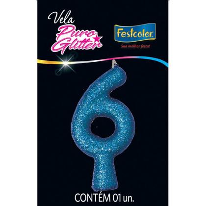 Imagem de Vela para Aniversário N06 Glitter Azul - Caixa com 10 Unidades