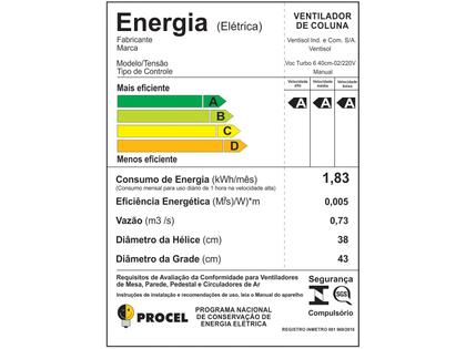 Imagem de Ventilador Coluna Oscilante 40cm Turbo Ventisol 220V - Preto/Azul  10037