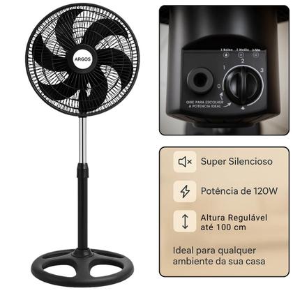 Imagem de Ventilador de Coluna Argos Turbo 30cm 120W 110V ou 220V  3 Velocidades, Altura Regulável, Oscilante e Silencioso