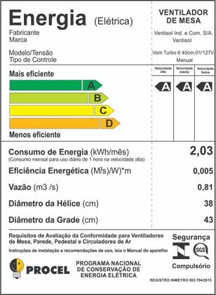 Imagem de Ventilador De Mesa Ventisol Turbo 6 Pás 40cm Cor Preto 127V