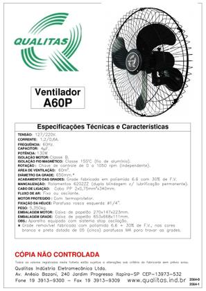 Imagem de Ventilador de Parede 60cm Qualitas (Bivolt) Super potente A60P 