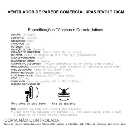 Imagem de Ventilador de Parede Comercial 3 Pás Bivolt Q670c 70cm Qualitas