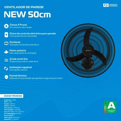 Imagem de Ventilador de Parede Oscilante Ventisol New 50cm 3 Pás Premium com Regulagem Preto 220V