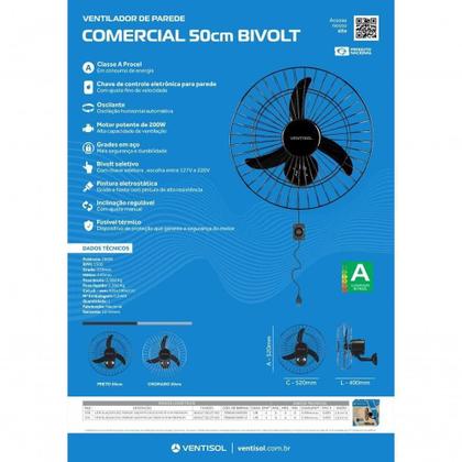 Imagem de Ventilador De Parede Ventisol Oscilante 3 Pás Premium Preto 50cm Bivolt
