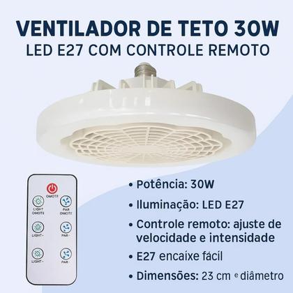 Imagem de Ventilador de Teto 30W com LED E27 + Controle Remoto